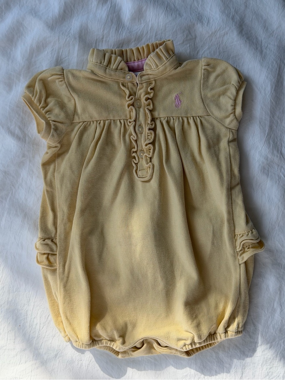 Ralph Lauren Baby 9M Yellow Ruffle Bubble Romper Pink Pony Cotton